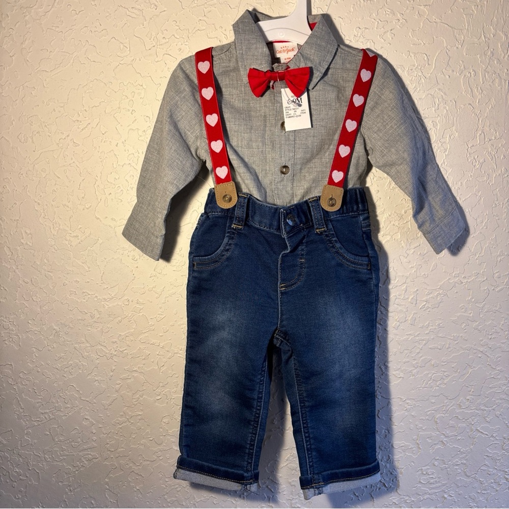 Cat & Jack 6-9 Month Valentines Heart Suspenders Denim Button up Shirt Bow Tie